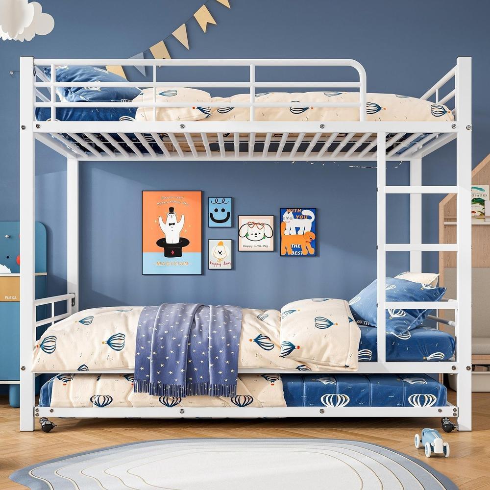 Litera de hierro blanco 90x200cm con cama nido 90x190cm y escalera