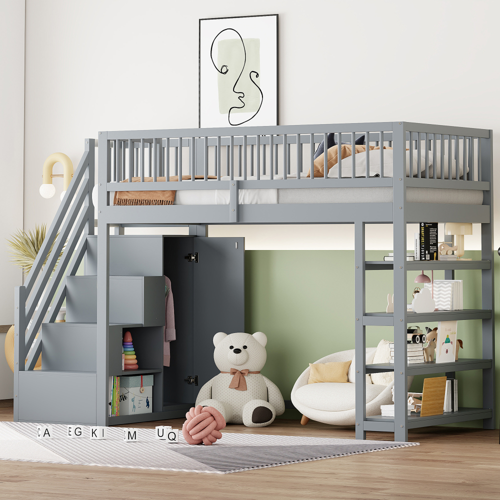 Cama alta 90x200cm con armario, estantes y almacenaje madera maciza – gris