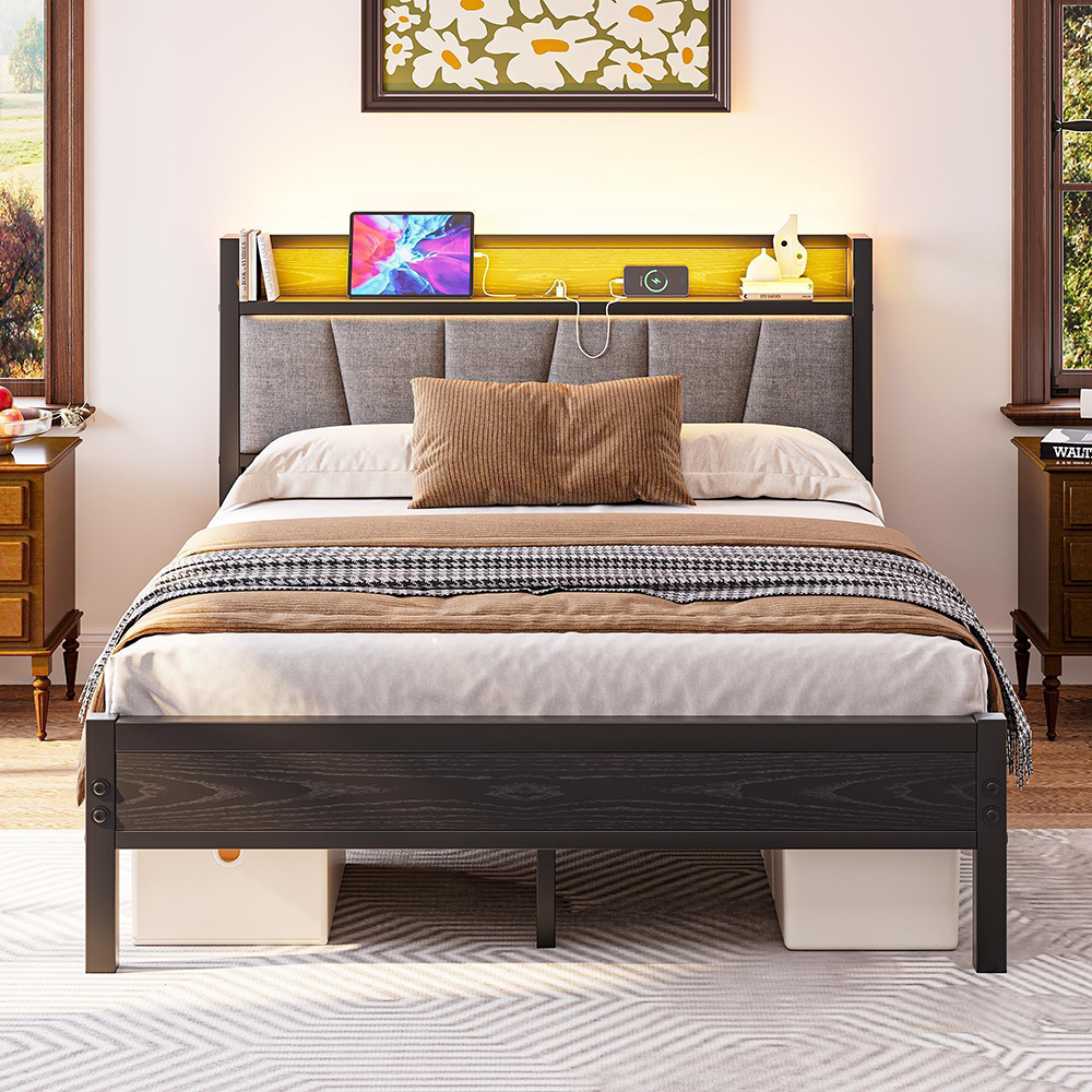 Estructura de cama,140x190cm,LED+usb,negro