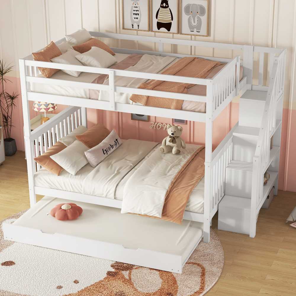Litera 140x200cm con cama nido, escalera de almacenamiento, pino+mdf blanco