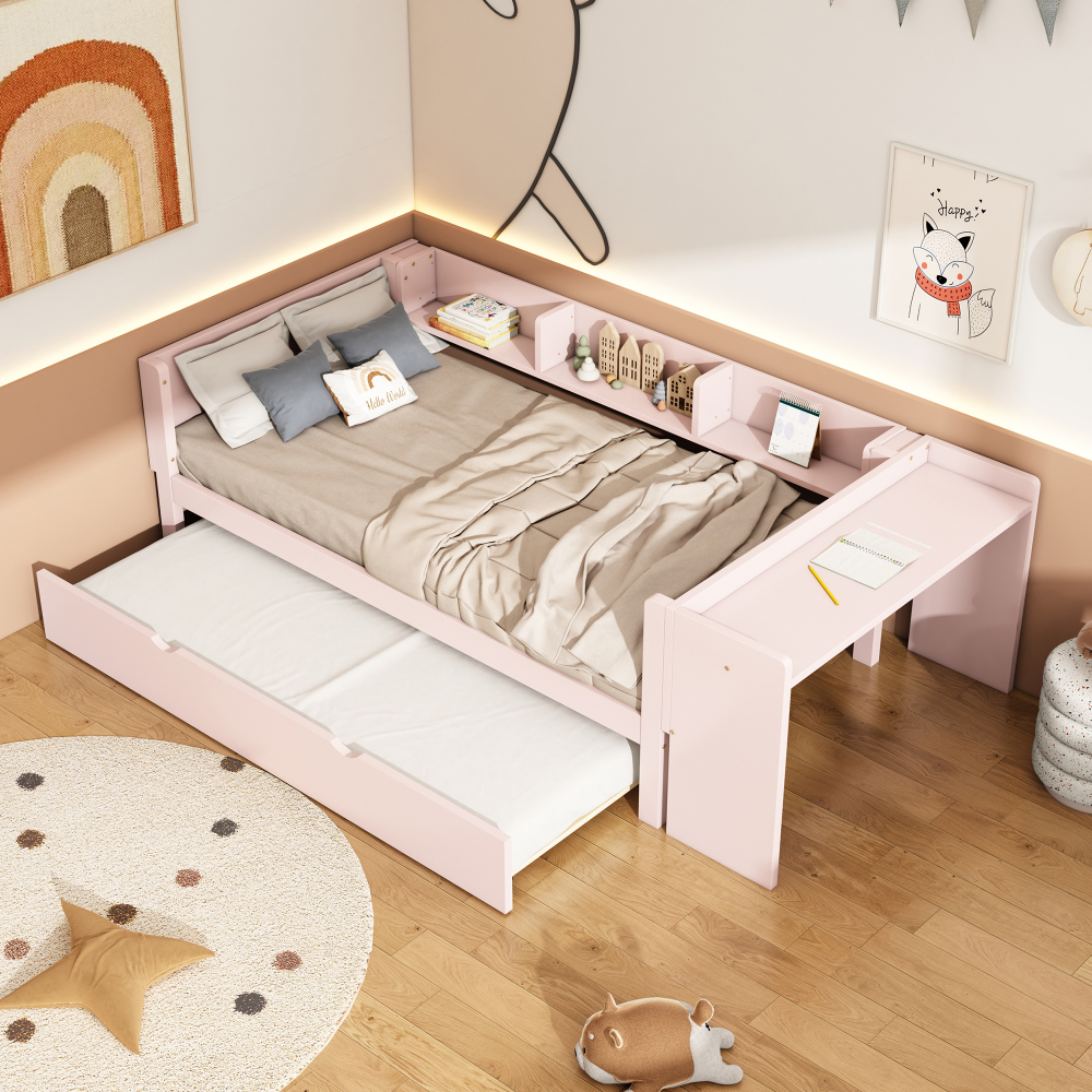 Cama nido 90x200cm con escritorio y estantes pino y mdf – rosa