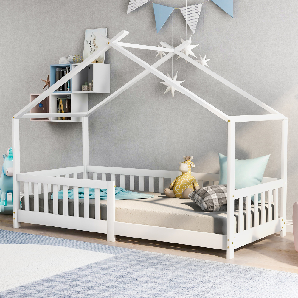 Cama casita 90x200cm con barandilla y somier madera maciza – blanco