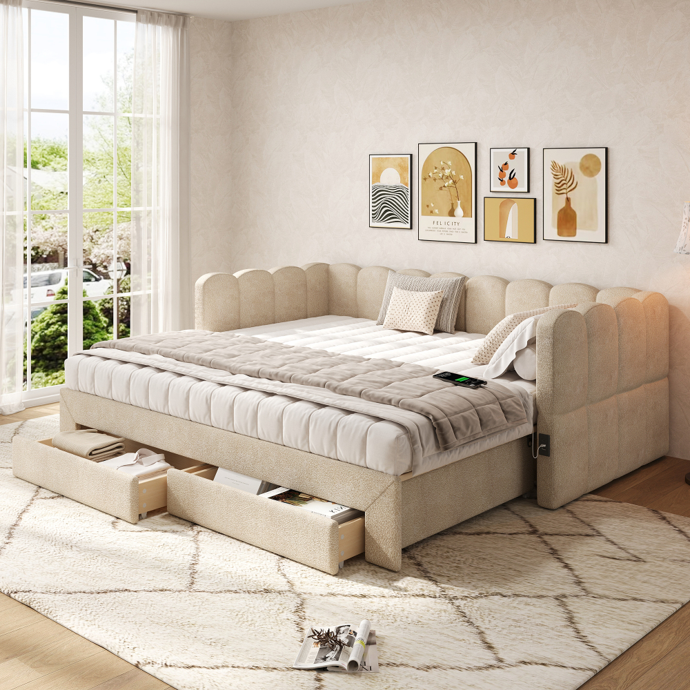 Cama nido 90/180x190cm con cajones y usb chenilla – beige