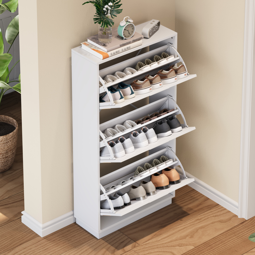 Zapatero con 3 puertas abatibles y espejo redondo blanco 120x63x24cm