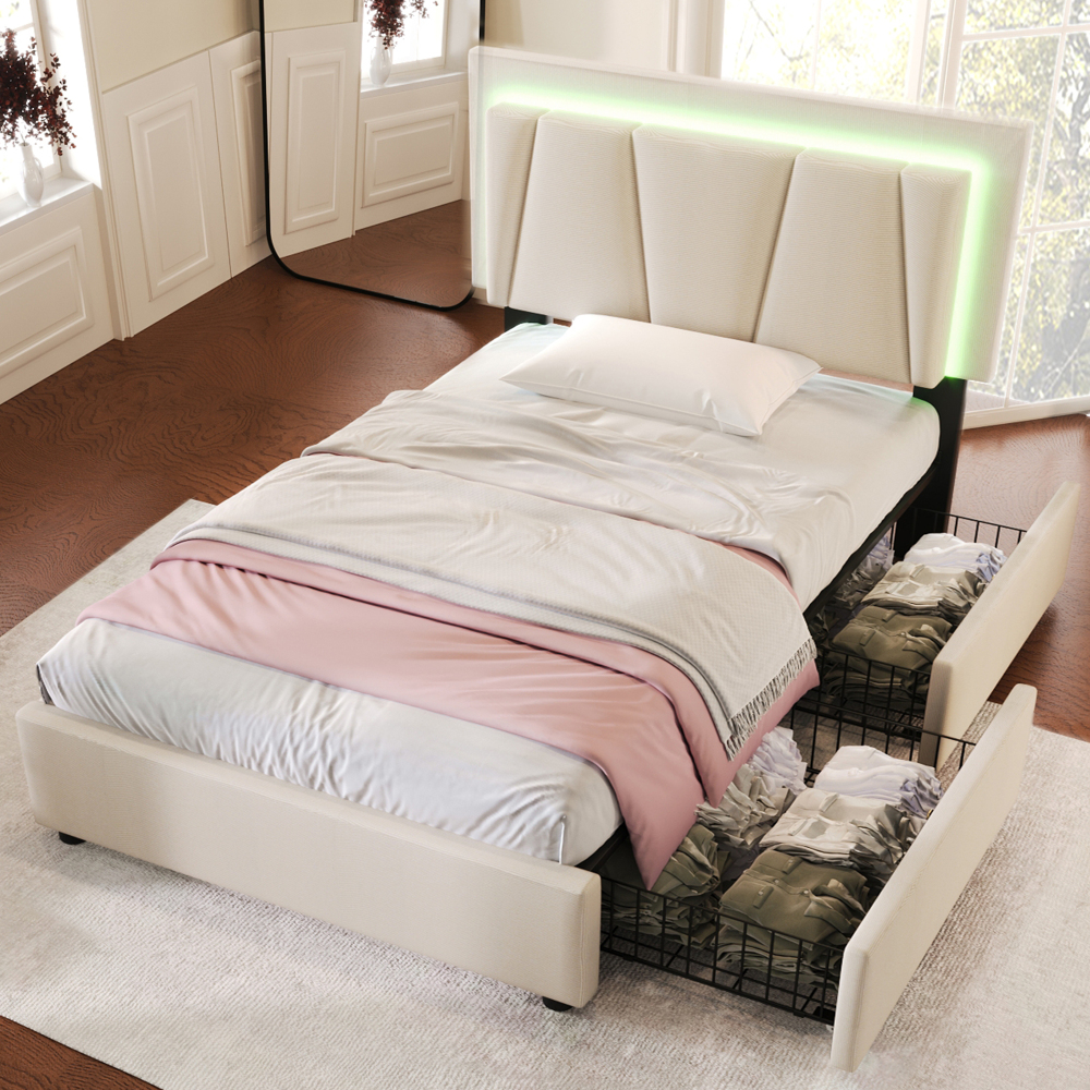 Cama tapizada 90x200cm LED 2 cajones madera beige con colchón