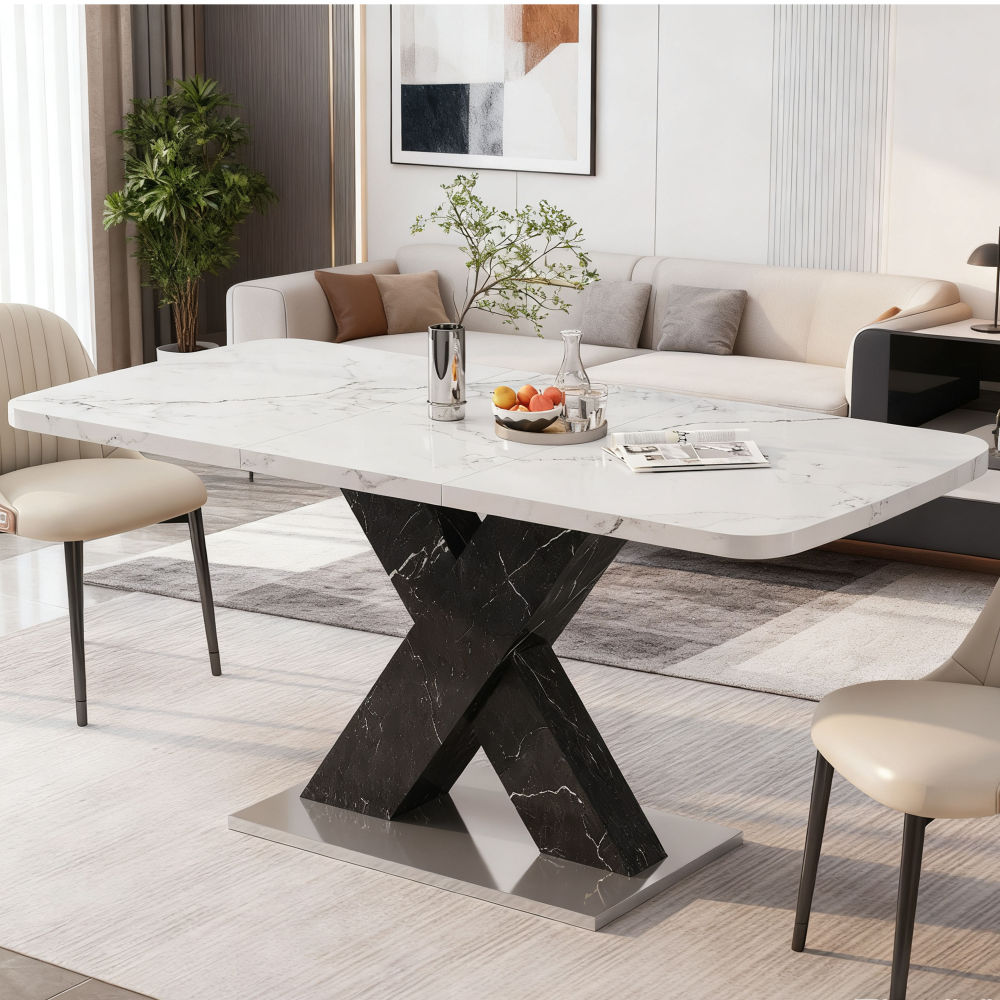 Mesa de comedor extensible mármol blanco negro 120-160x80cm
