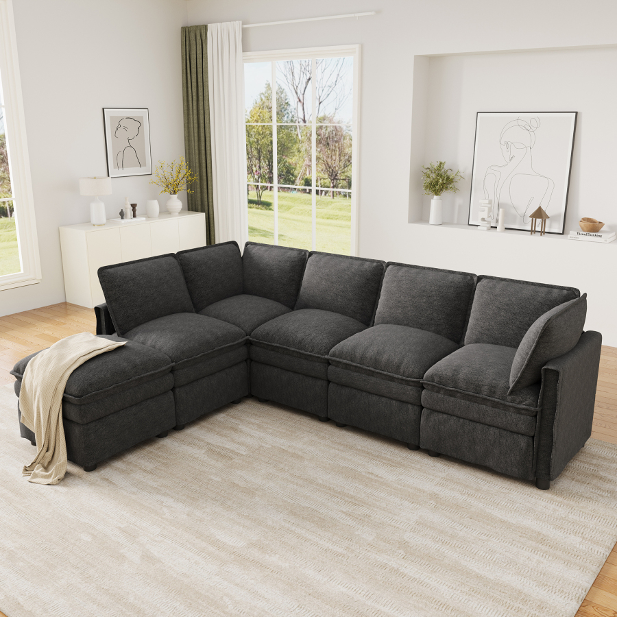 Sofá modular xxl en u o l con otomana chenilla gris 6 plazas