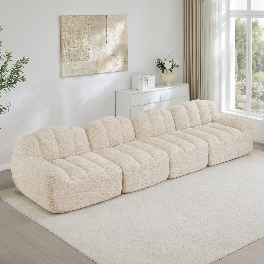 Sofá modular 4 plazas felpa granulada beige blanco otomana profundo
