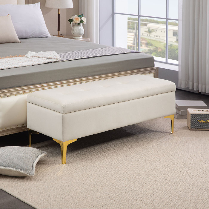 Banco acolchado con almacenaje terciopelo beige 120cm para dormitorio/salón