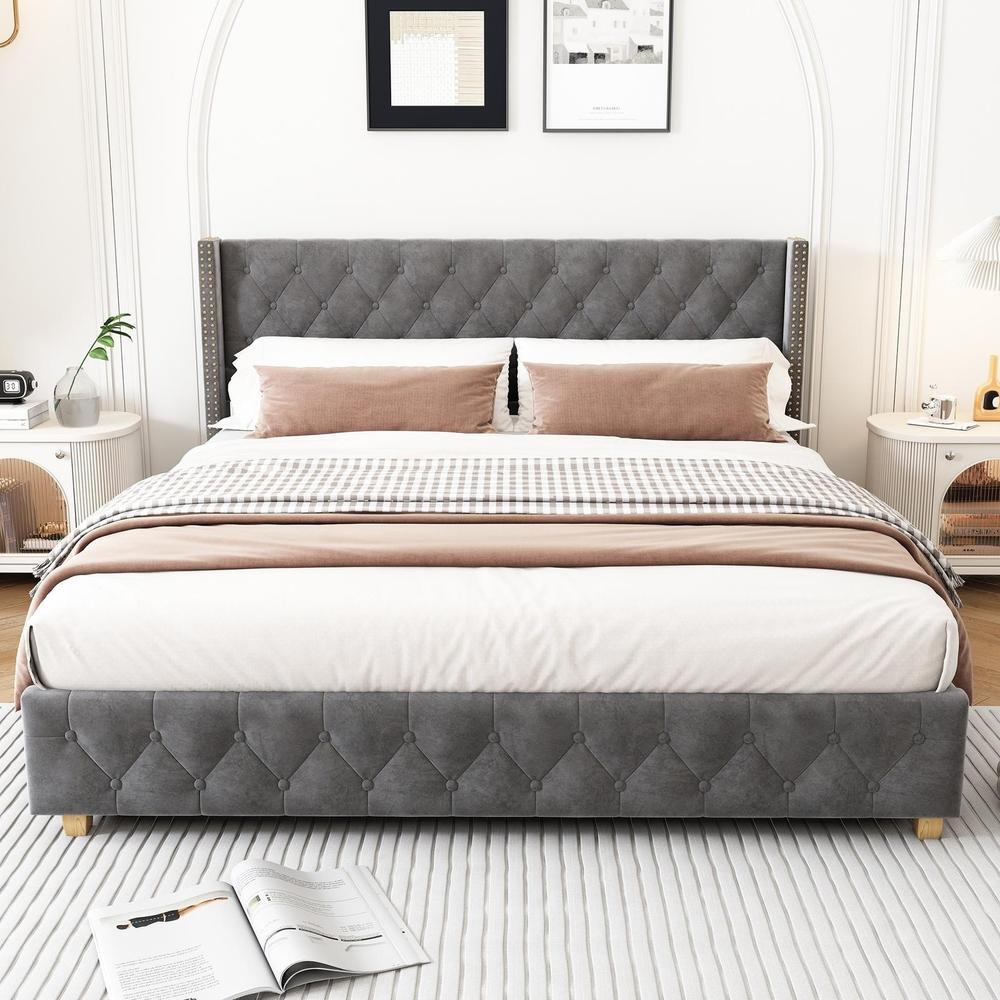 Cama tapizada 180x200cm doble con sommier y cabecero capitonado gris