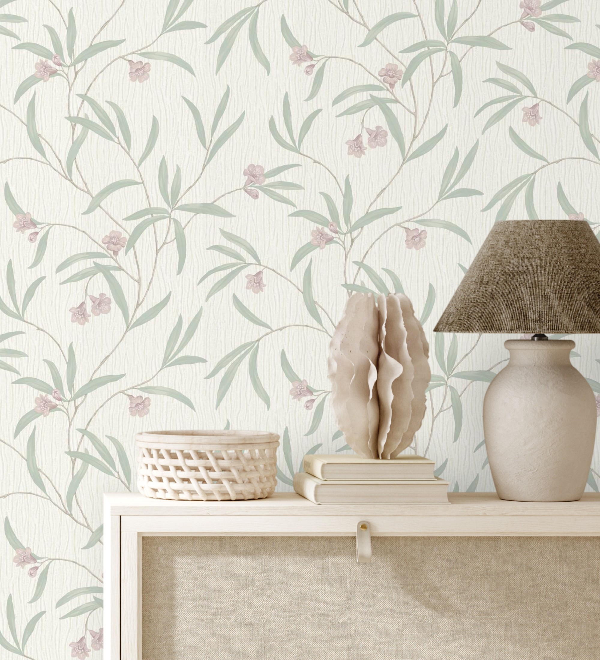 Papel pintado gaulan de flores malvas y hojas verdes en relieve 5.33m²