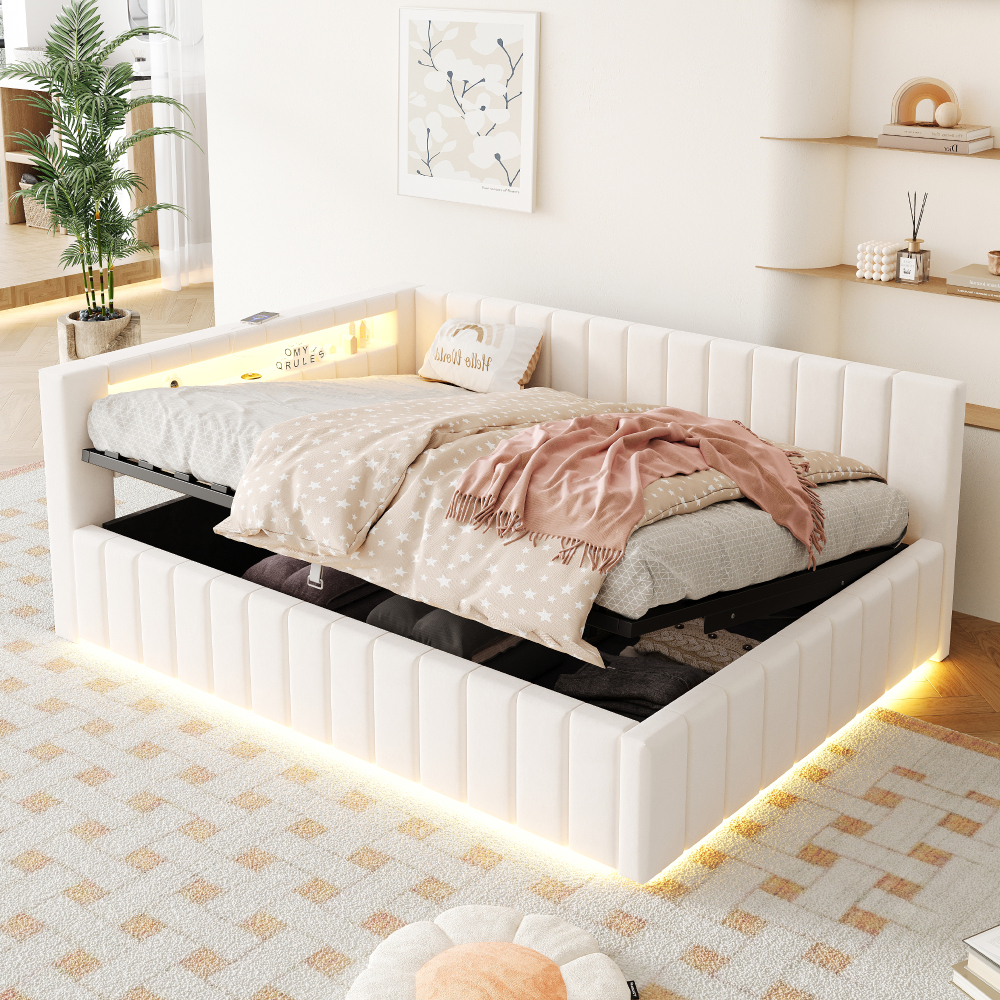 Sofá cama tapizado 140x200cm con canapé hidráulico LED usb terciopelo beige