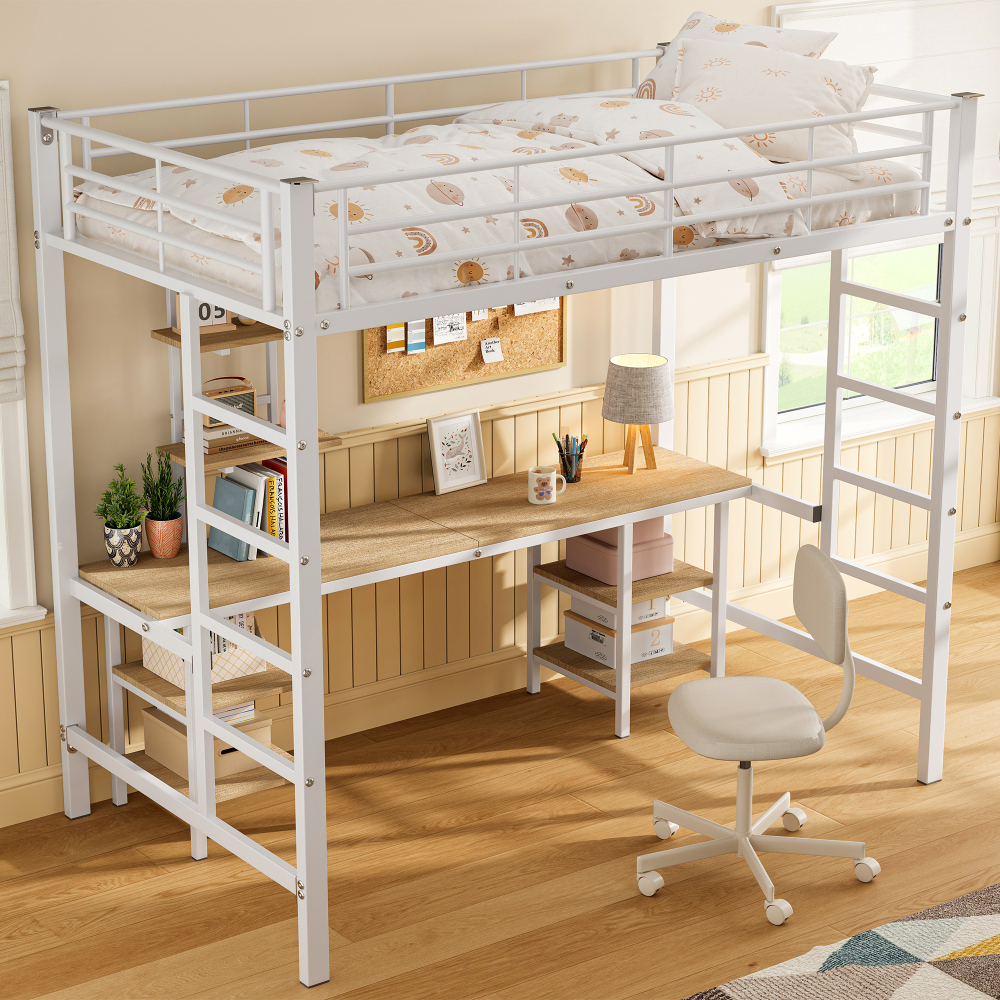 Cama alta 90x200cm con escritorio y estanterías metal y mdf – blanco