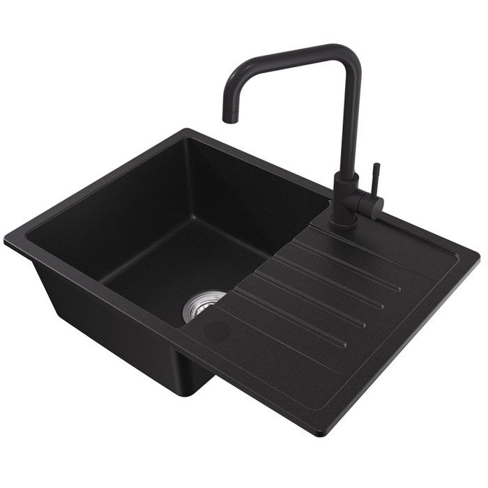 Fregadero de cocina negro de granito de 65x45cm con escurridor reversible y