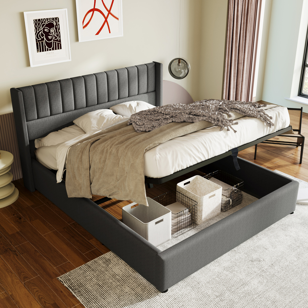 Cama tapizada 180x200 cm con canapé hidráulico lino con somier – color gris