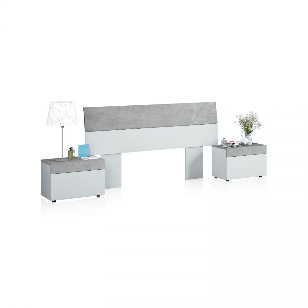 Cabecero para cama de 135-150 cm y 2 mesitas con cajón axel blanco - gris