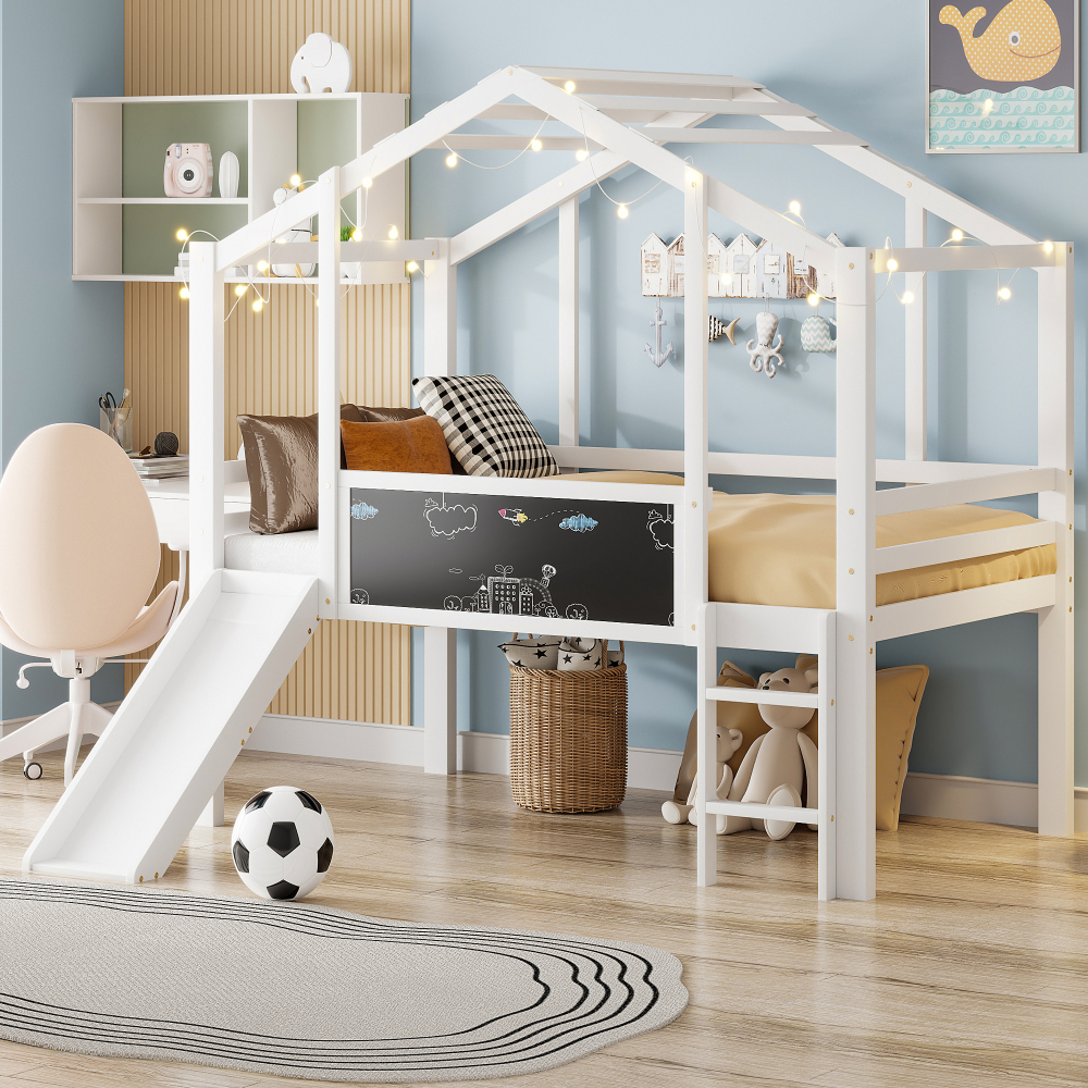 Cama alta 90x200cm con tobogán, escalera y pizarra madera maciza – blanco