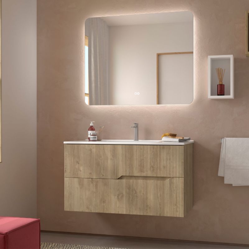 Mueble de baño suspendido 2 cajones bamboo 100 cm roble natural + lavabo