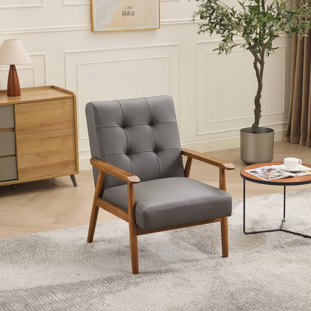 Sillón de salón cuero gris con brazos nogal