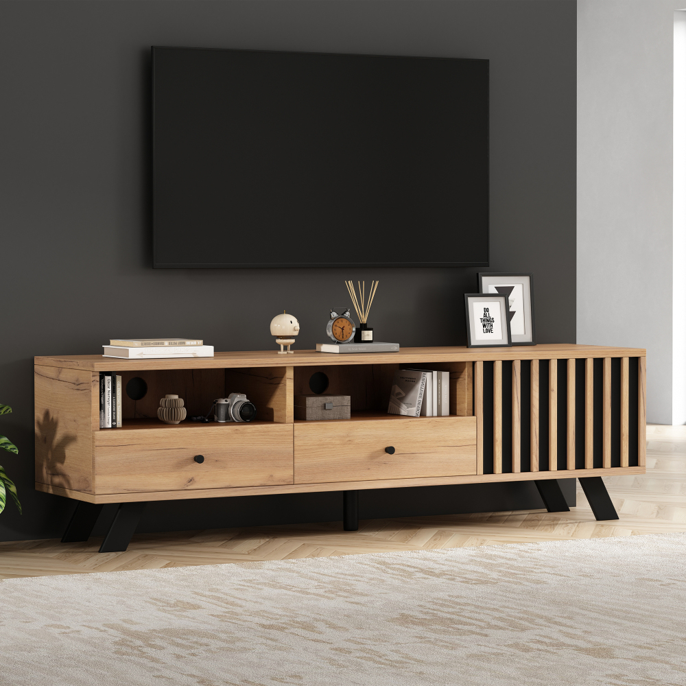 Mueble de tv con 2 cajones y 1 puerta madera natural negro 44x150x38cm