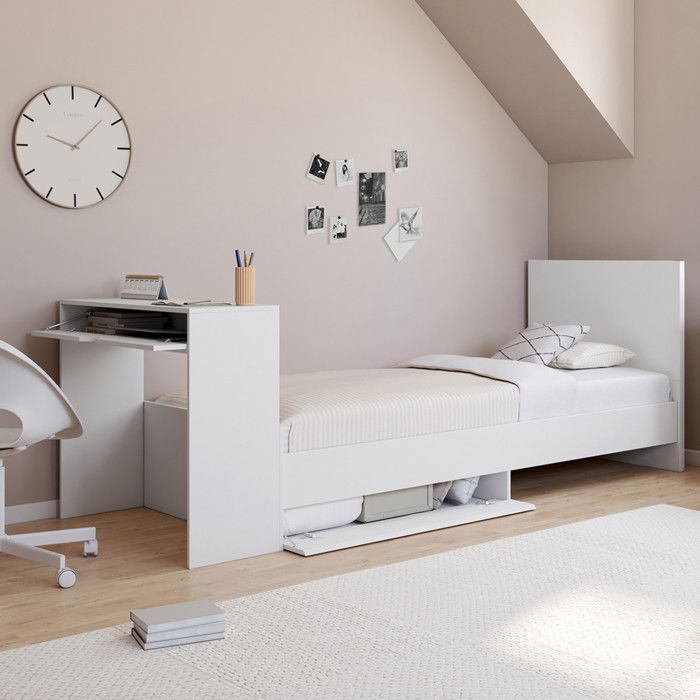 Cama sencilla con escritorio y almacenamiento - blanco - 90 x 190 cm