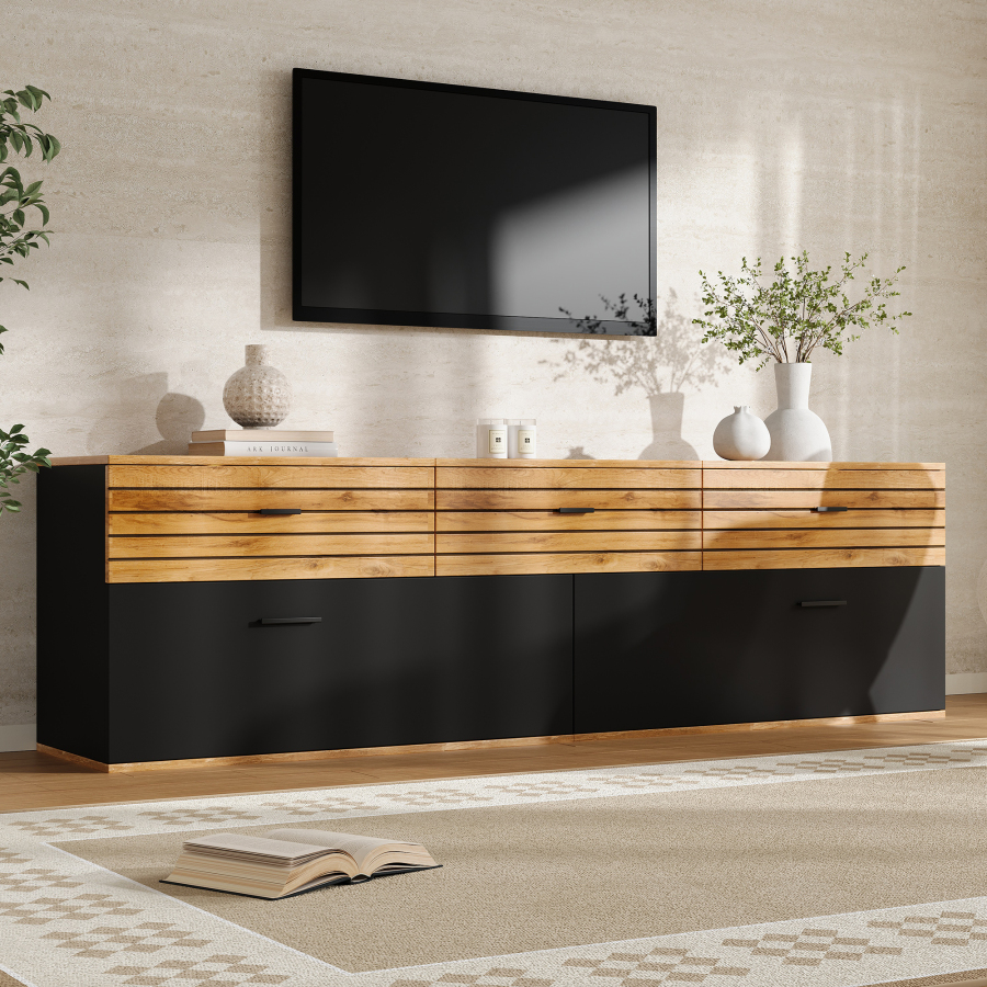 Mueble de tv con 2 puertas abatibles y 3 cajones negro+natural 59x168x38cm