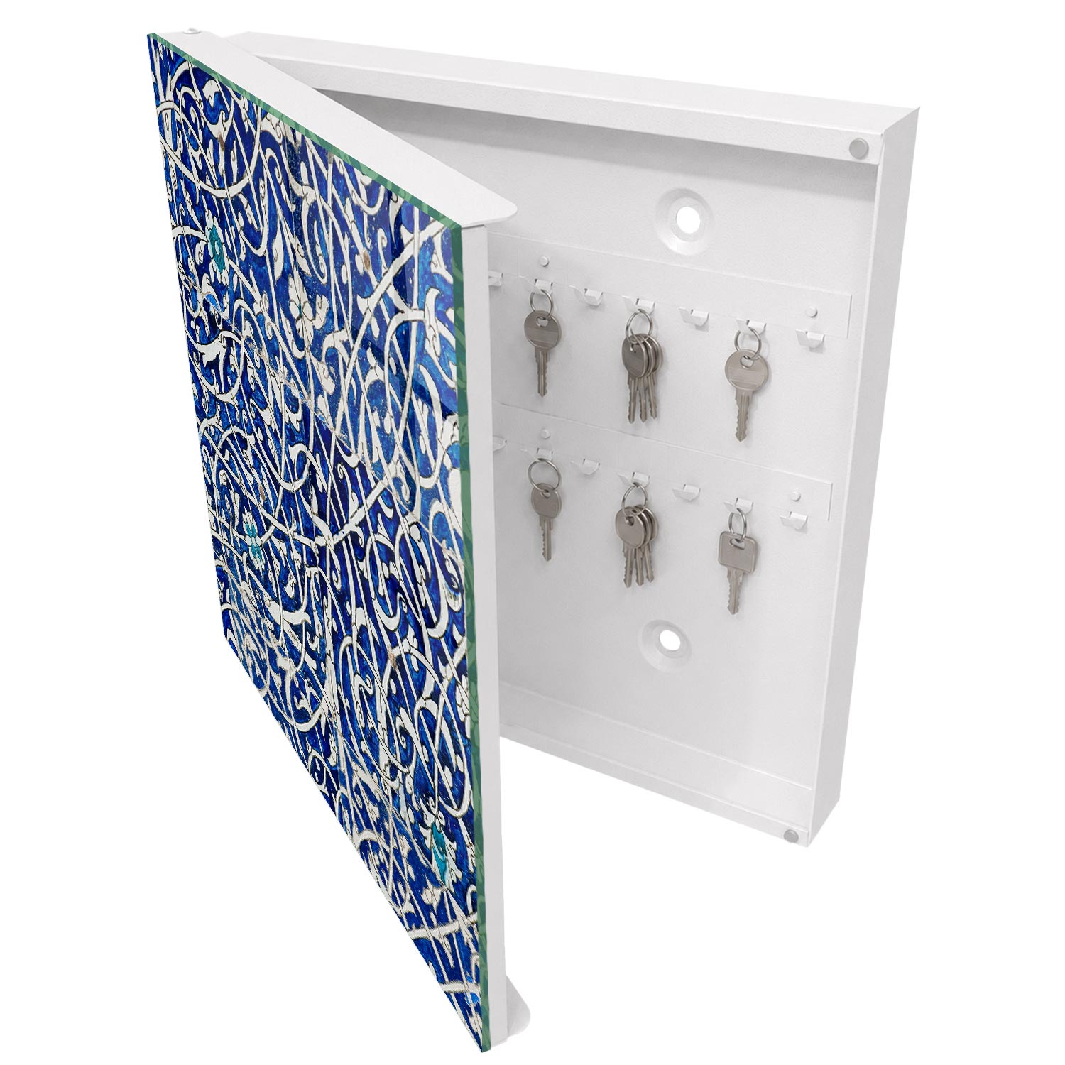 Caja de llaves 30x30x5 arabesco azul, apertura izquierda blanca