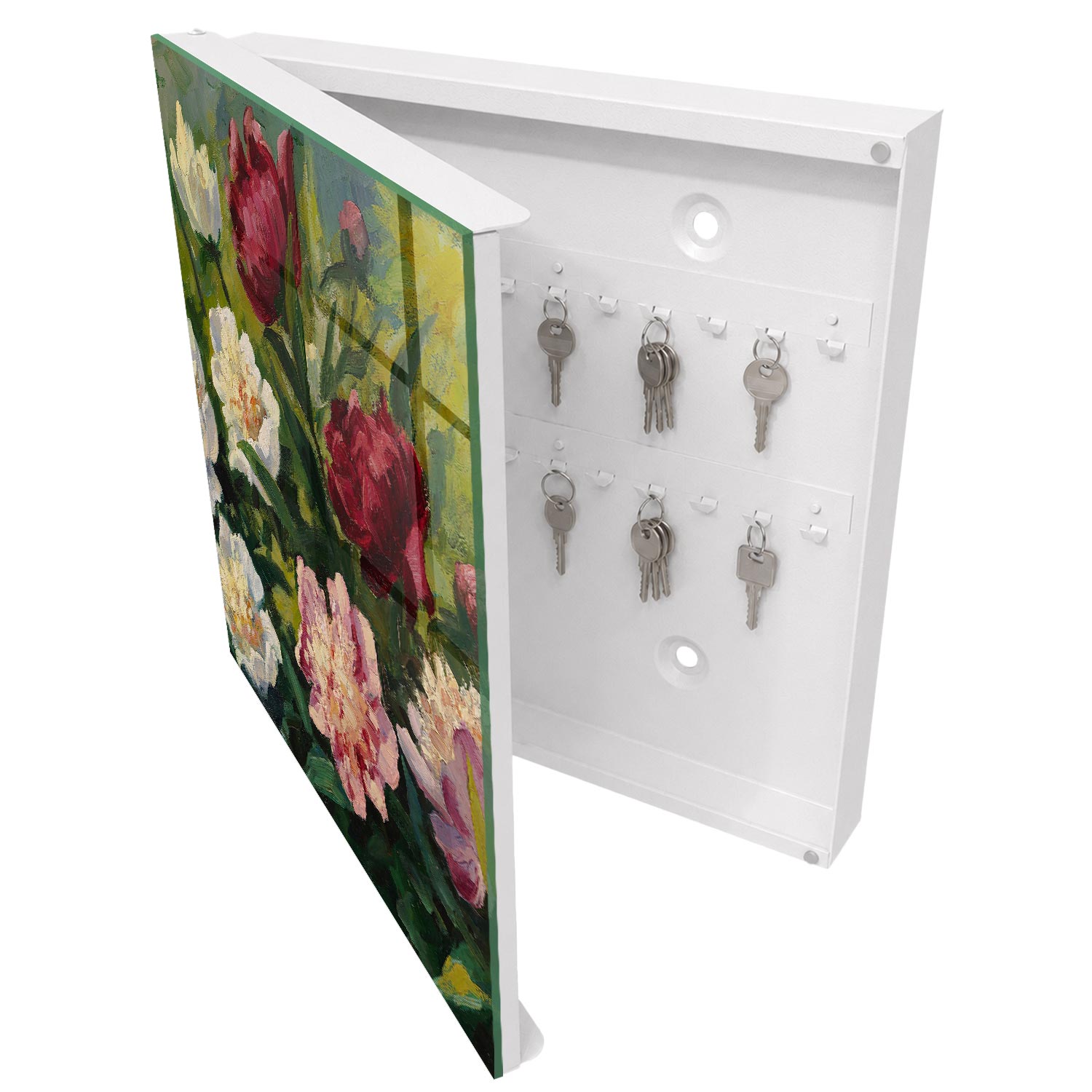 Caja guarda llaves 30x30x5 flores coloridas, apertura izquierda