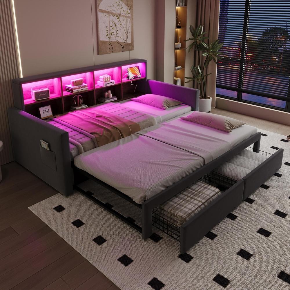 Cama nido extensible 90x190 cm, 180 cm, LED usb-c, cajones, gris