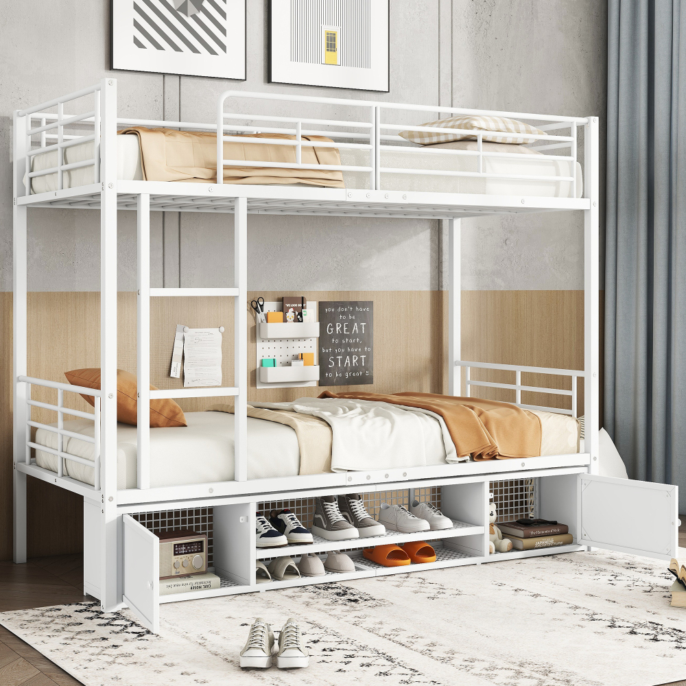 Litera 90x200 cm con zapatero y armarios metálica – color blanco