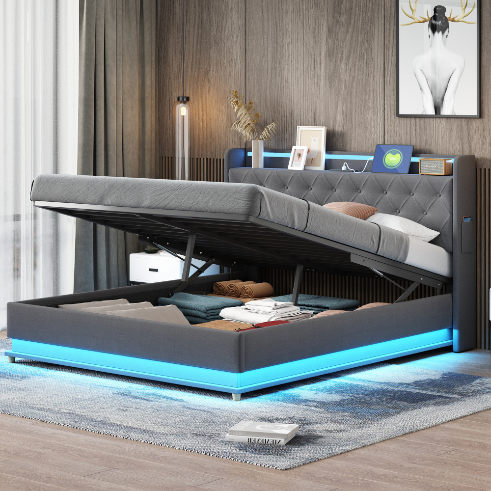 Cama 160x200 tapizada gris con LED, usb y canapé hidráulico