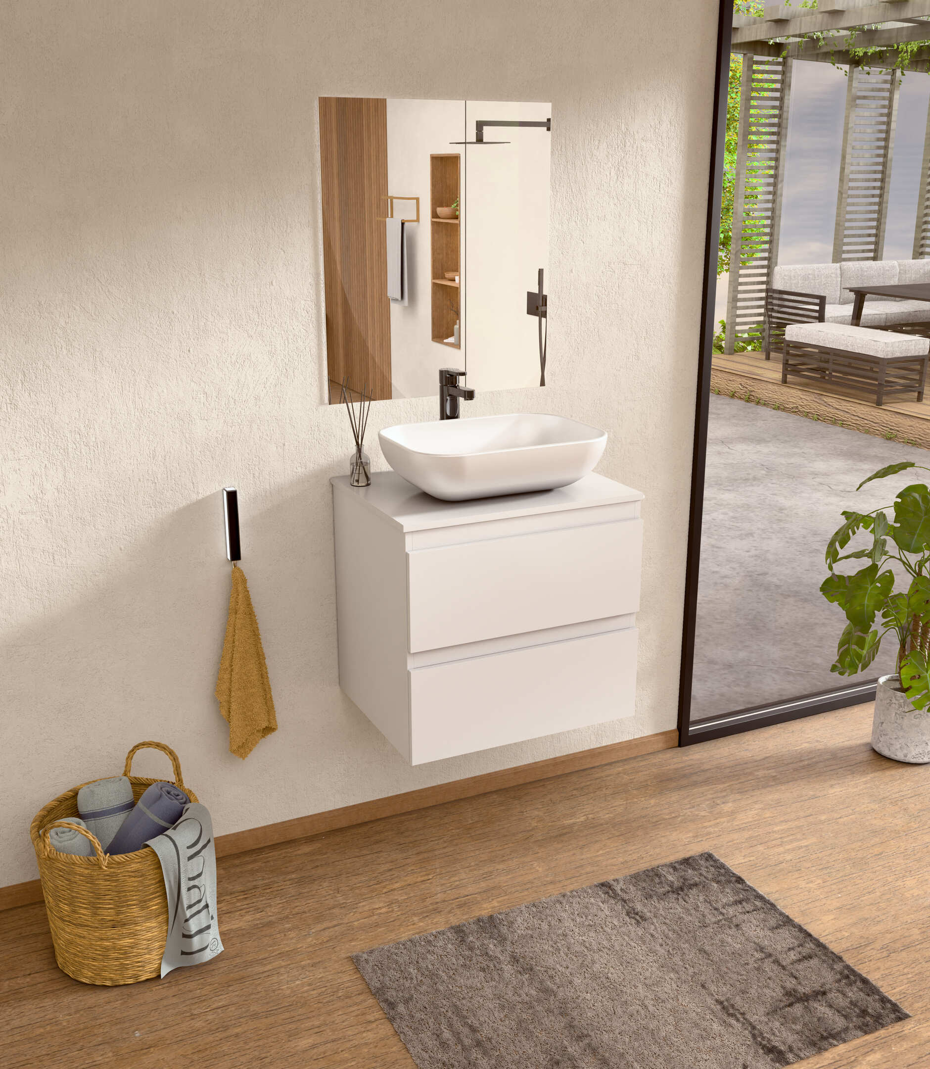 Mueble baño suspendido 60 cm blanco, lavabo y espejo bellobath