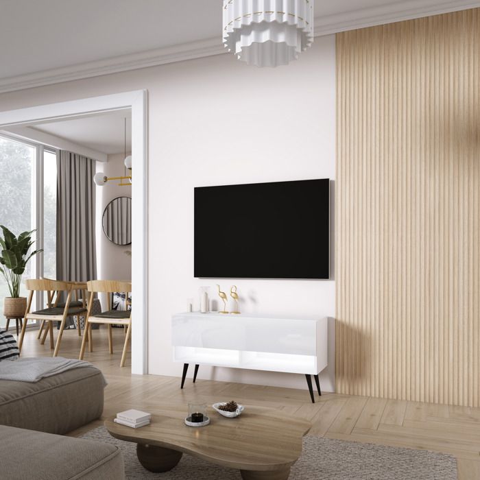 Mueble tv moderno - blanco mate, patas negras - 100 x 32 x 52 cm