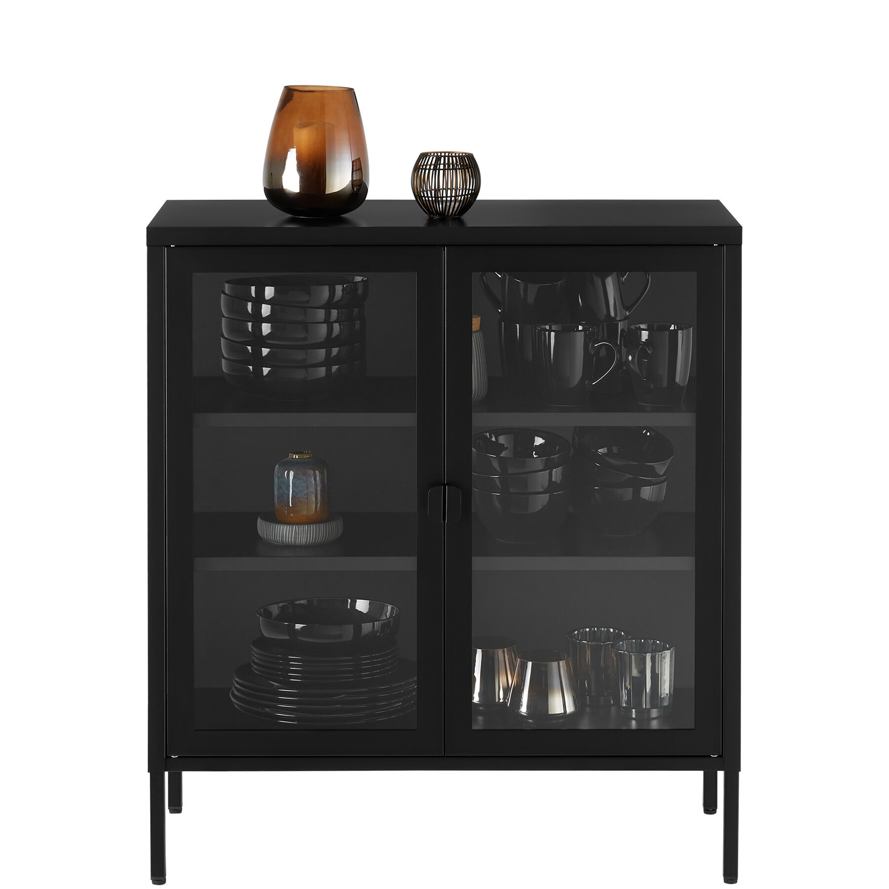Tectake vitrina metálica con puerta de cristal, 80x37x90,5 cm, negro