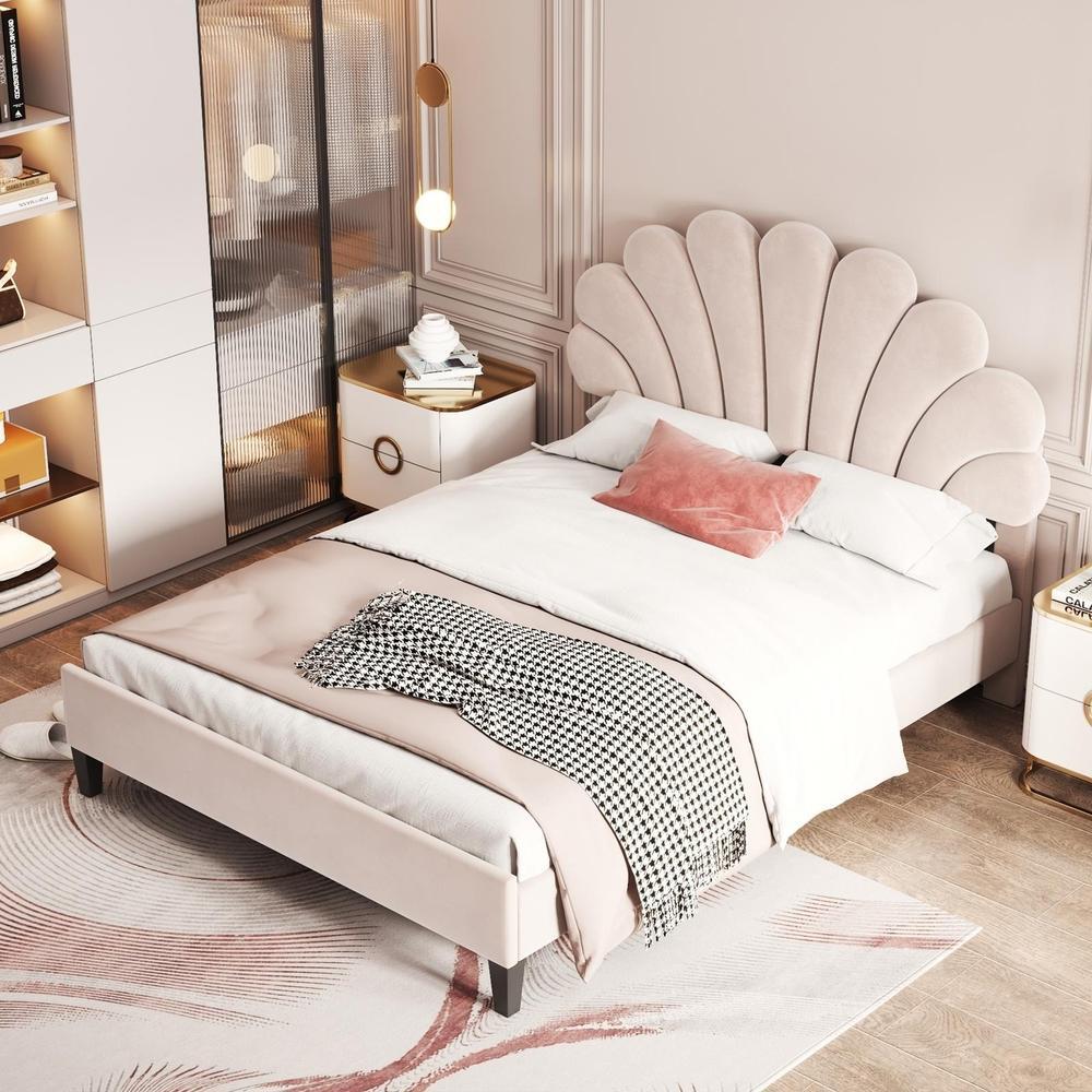 Cama doble 140x200cm terciopelo con cabecero floral beige