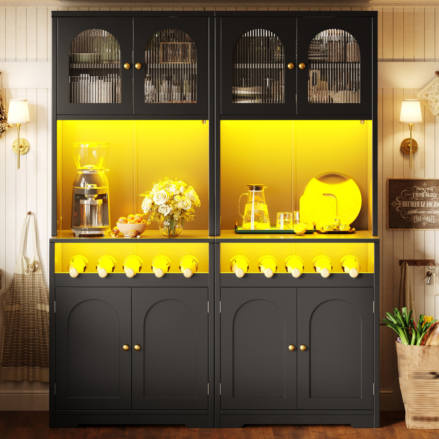 Vitrina para cocina comedor con LED y botellero negro 180x140x38,3cm