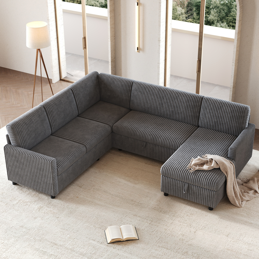 Sofá en u cama de pana gris con chaiselongue y arcón 274 x 220 cm