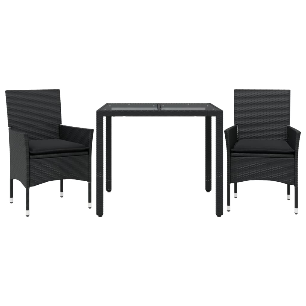 vidaXL set comedor jardín 3 pzas cojines ratán sintético vidrio negro