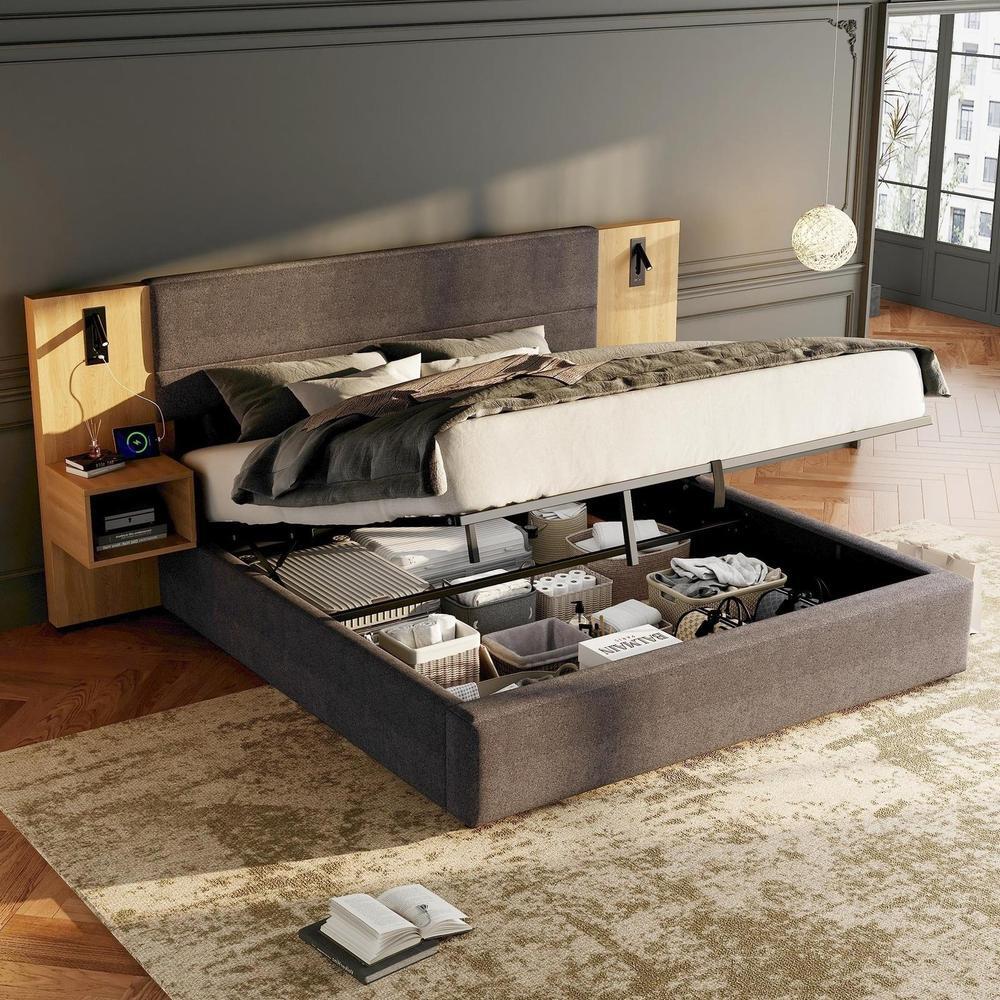 Cama 180x200cm con almacenaje, usb, LED y 2 mesitas gris natural