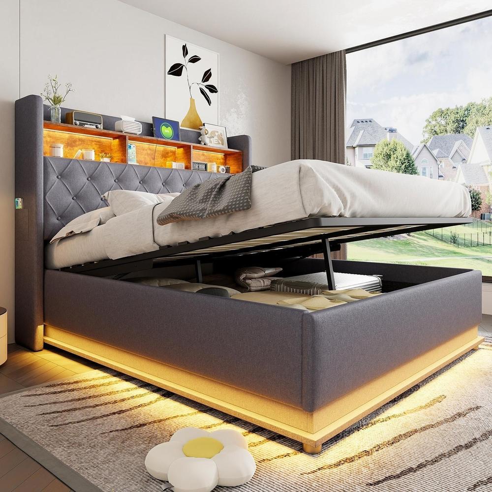 Cama abatible con almacenaje LED 160x200cm gris