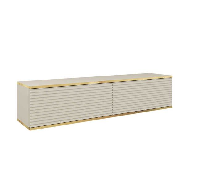Mueble de tv con lamas beige, 135 x 32 x 30 cm, push to open