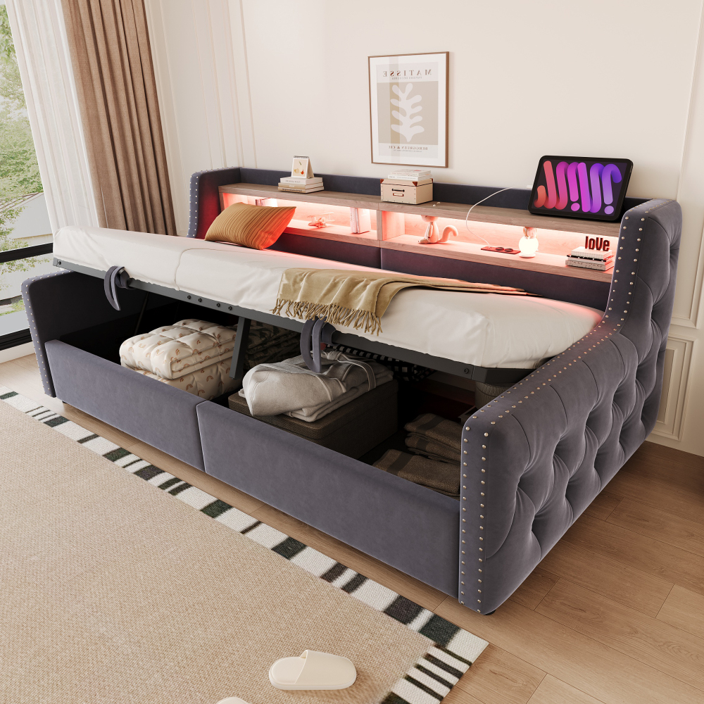 Sofá cama 90x200cm con canapé y respaldo, LED y usb terciopelo gris oscurp