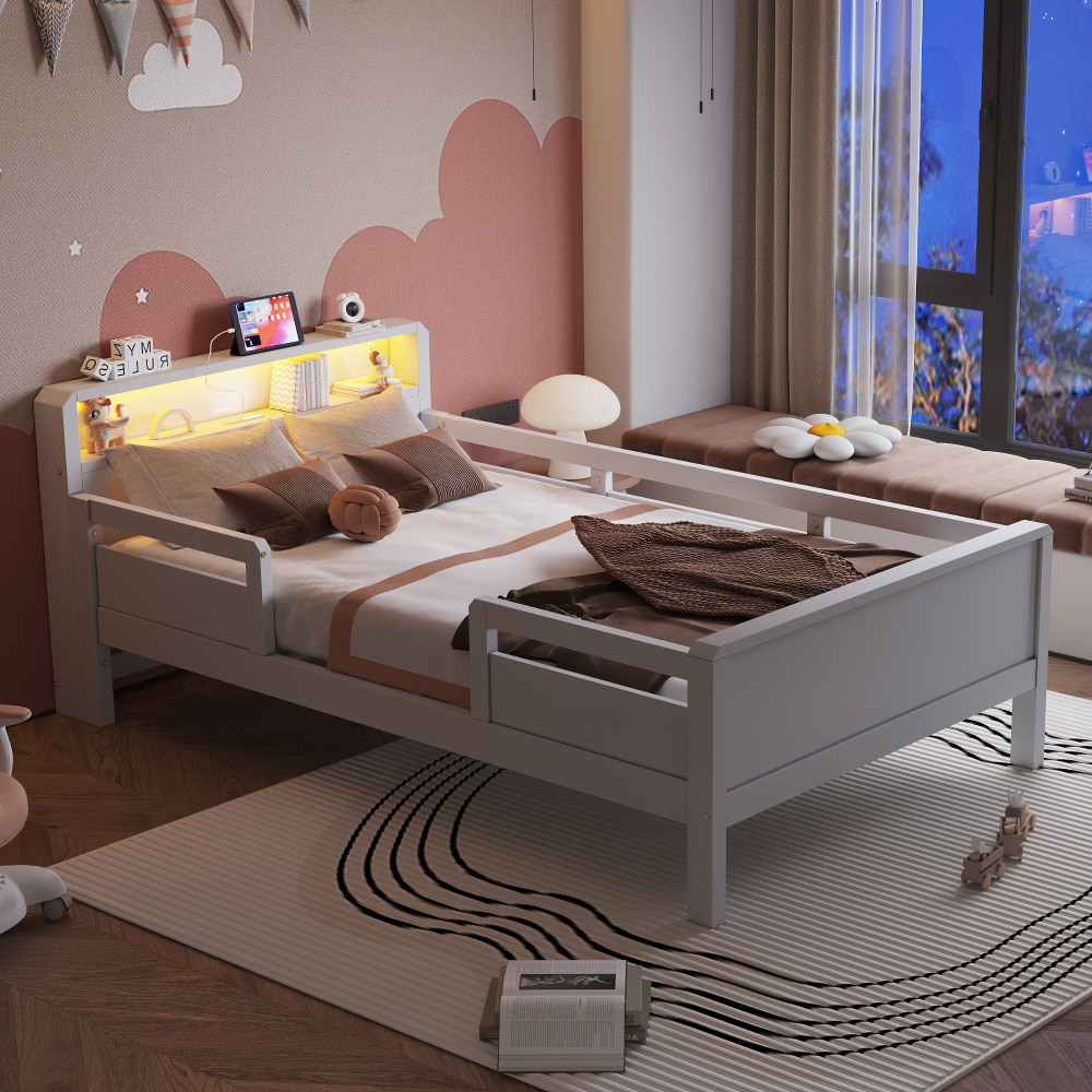 Cama individual 90x200cm con LED, usb y barandilla pino – blanco