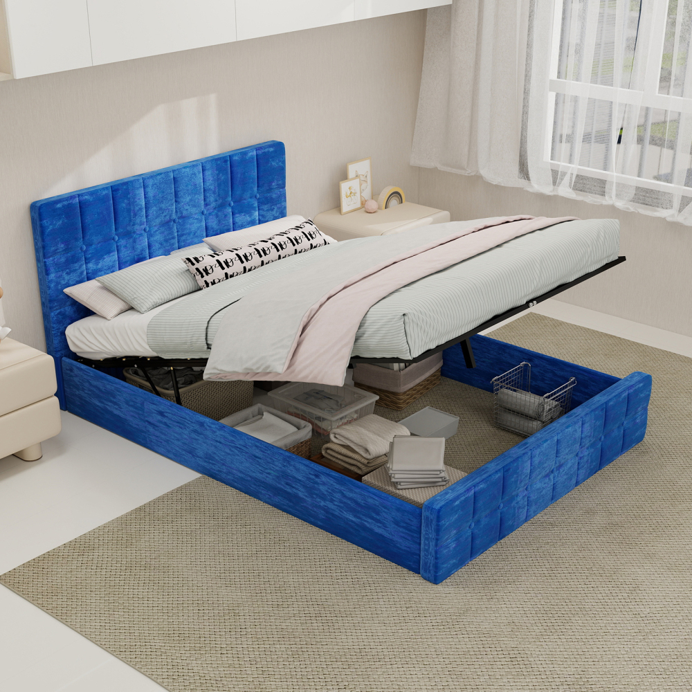 Cama tapizada 140x200 cm con cabecero acolchado de terciopelo – color azul