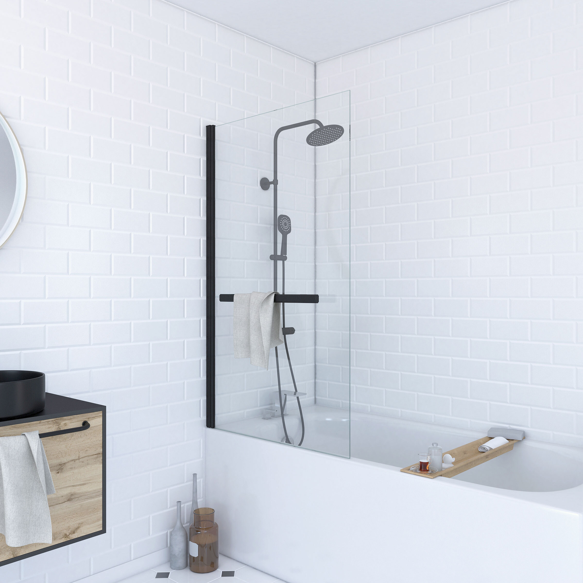 Mampara de bañera abatible con toallero 85x150cm - negro - vidrio 6mm