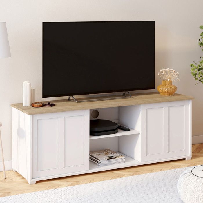 Mueble tv blanco con puertas correderas 140 cm