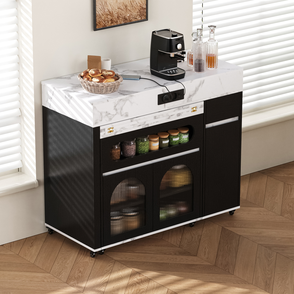 Isla de cocina extensible cajón enchufes negro 95,5x110,5x50,5-187,5cm