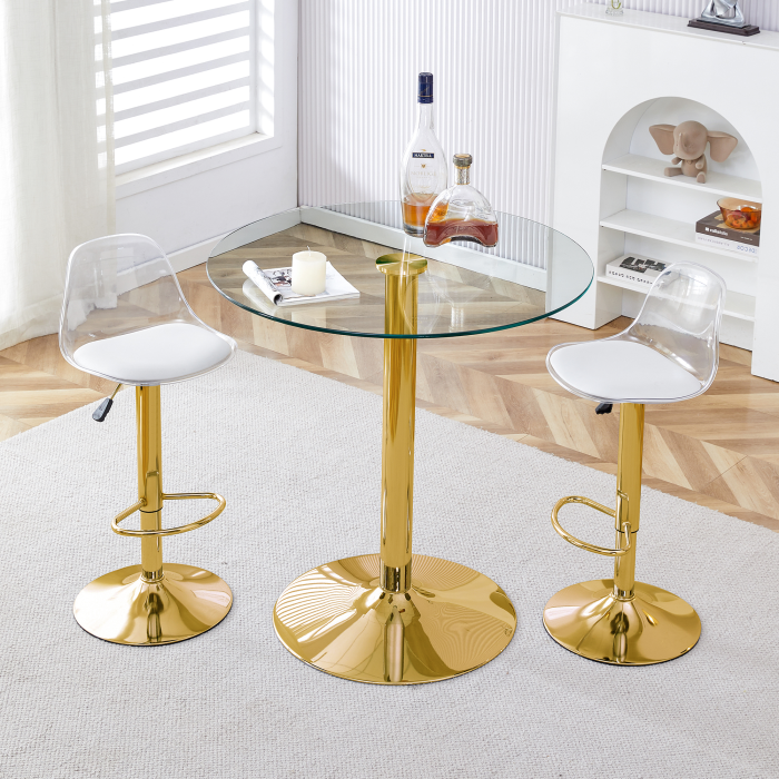 Conjunto de mesa de bar redonda de cristal y 2 taburetes dorado