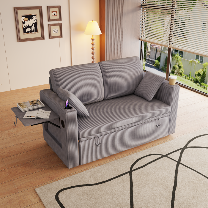 Sillón cama 3 en 1 de pana gris con mesa plegable y carga usb