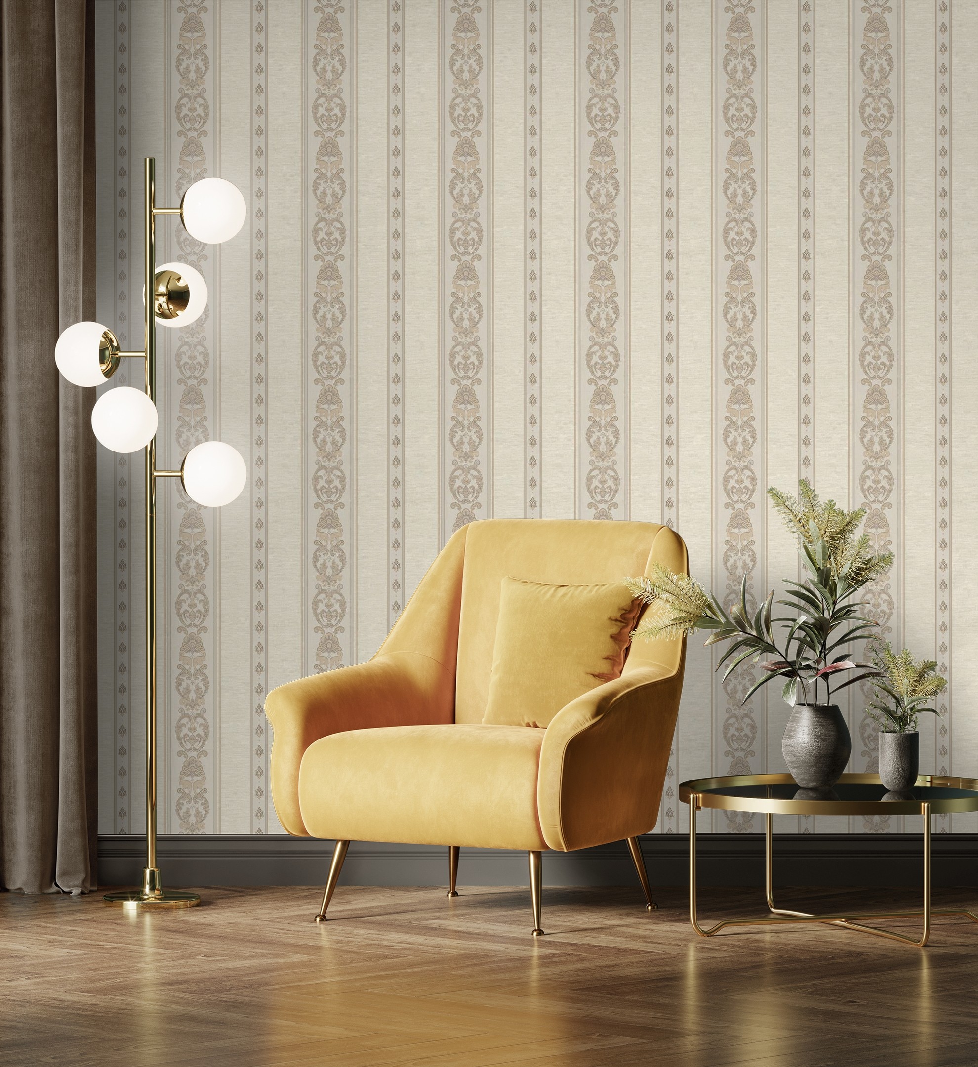 Papel pintado gaulan de rayas con cadenetas barrocas textura de 10.6m²